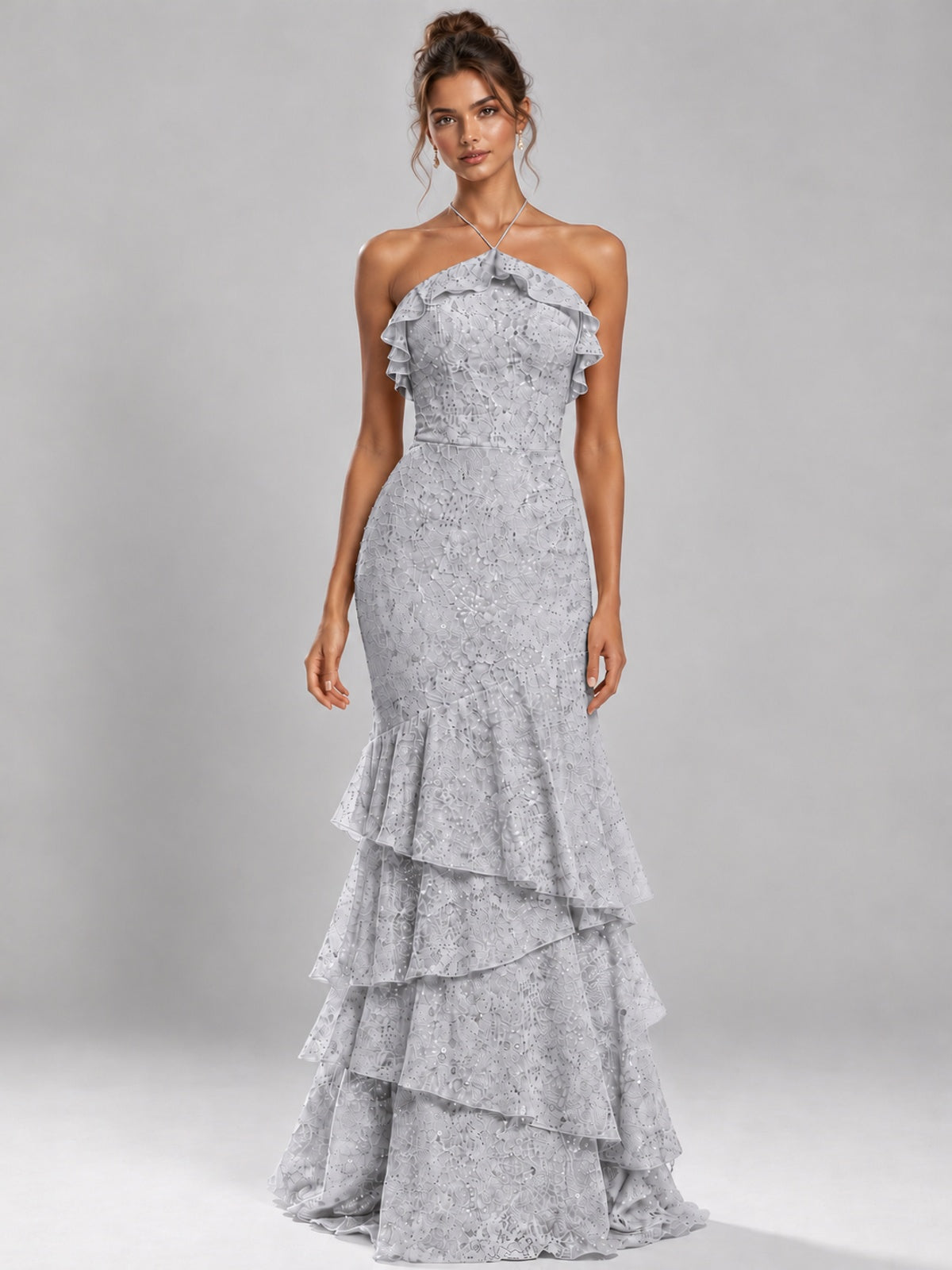 Halter Tiered Mermaid Prom Dress with Sparkly Lace