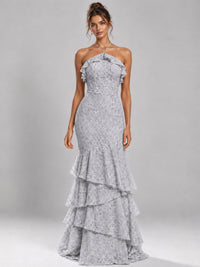 Halter Tiered Mermaid Prom Dress with Sparkly Lace