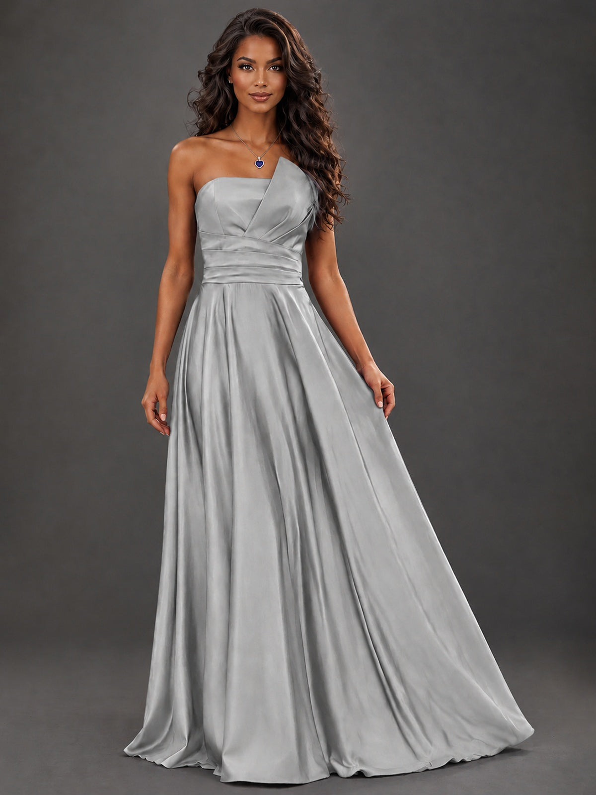 Draped Satin Prom Dress Strapless A-line Formal Dress Floor Length