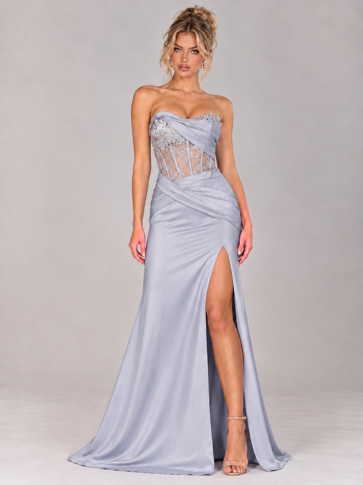 Strapless Satin Prom Dress with Sheer Lace Corset & High Slit