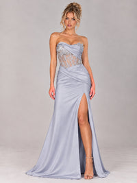 Strapless Satin Prom Dress with Sheer Lace Corset & High Slit