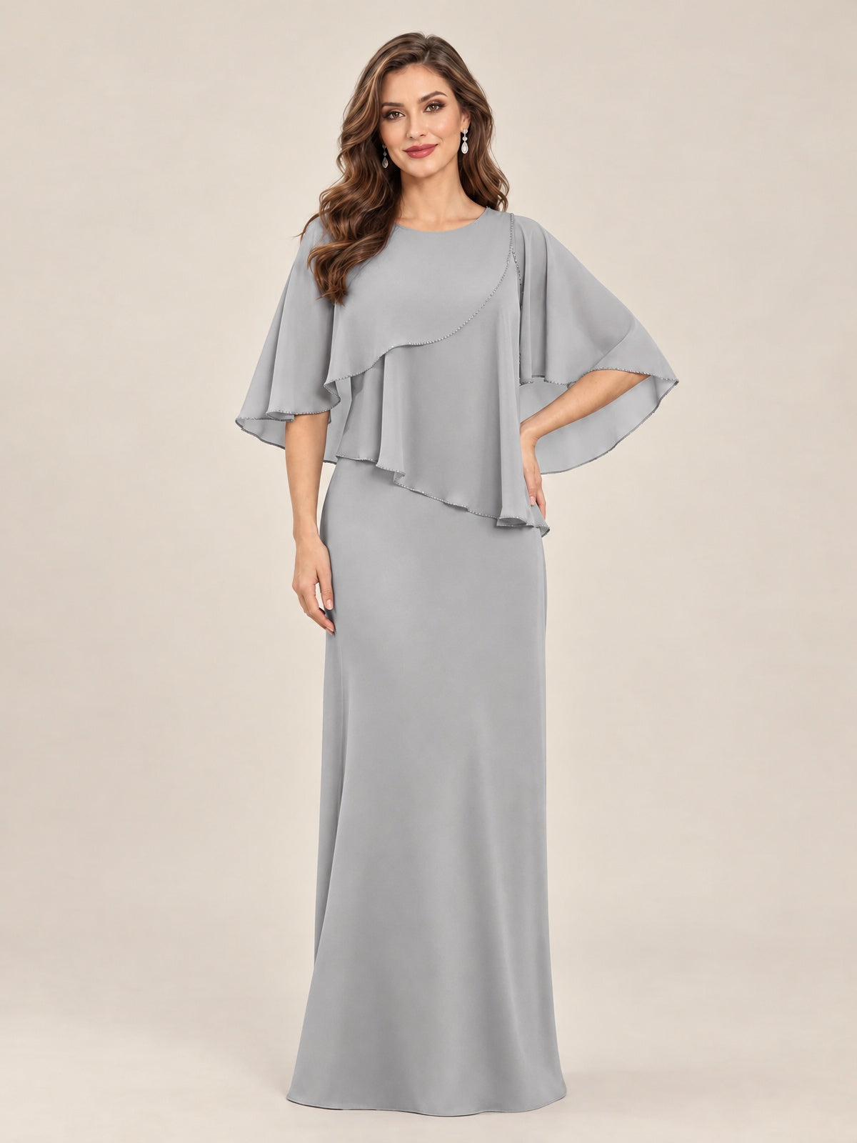 Silver-Chiffon 2 Piece A Line Mother of The Bride Dresses with Cape
