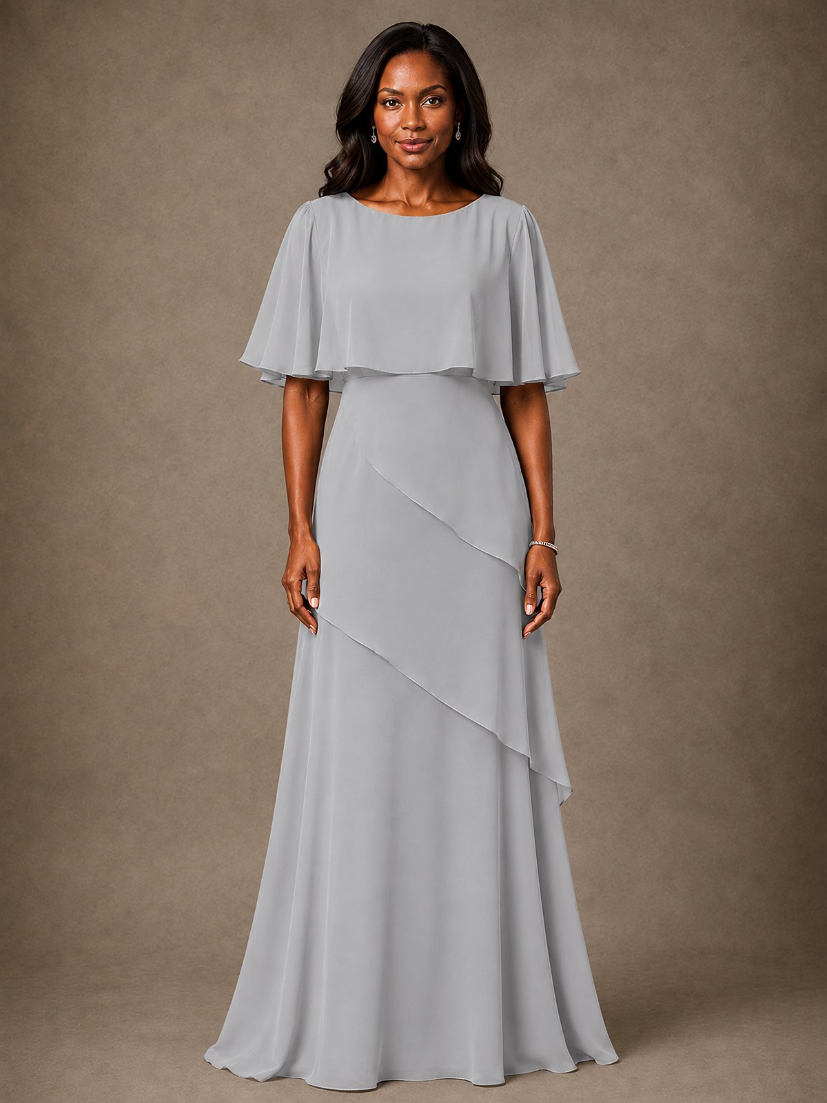 Taupe Chiffon A-Line Mother of the Bride Dress with Cape Sleeves