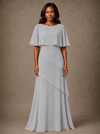 Taupe Chiffon A-Line Mother of the Bride Dress with Cape Sleeves