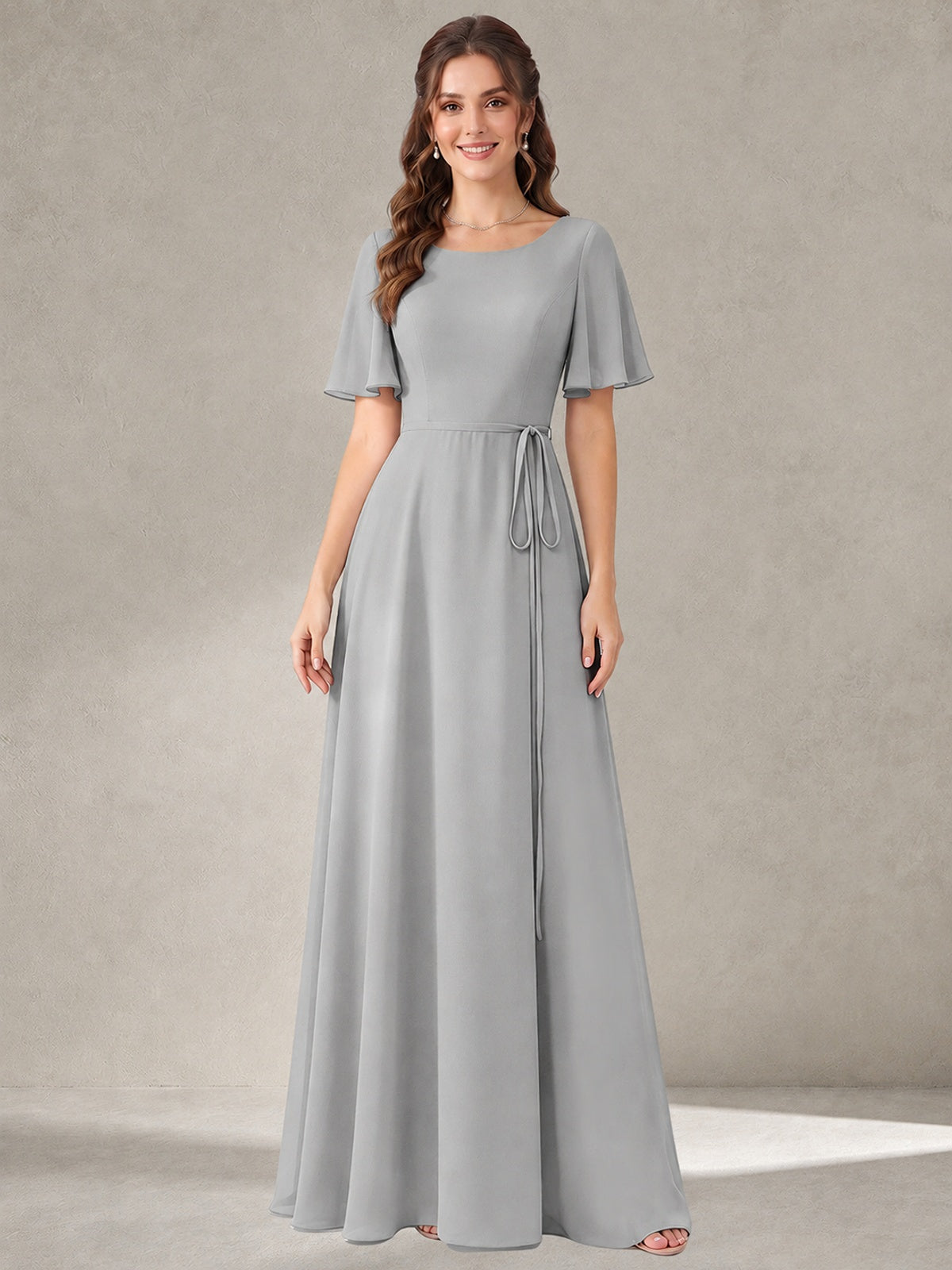 Silver Scoop Neck A-line Chiffon Bridesmaid Dress with Belt Flutter Sleeve Formal Wedding Guest Dress Evening Gown
