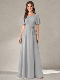 Silver Scoop Neck A-line Chiffon Bridesmaid Dress with Belt Flutter Sleeve Formal Wedding Guest Dress Evening Gown