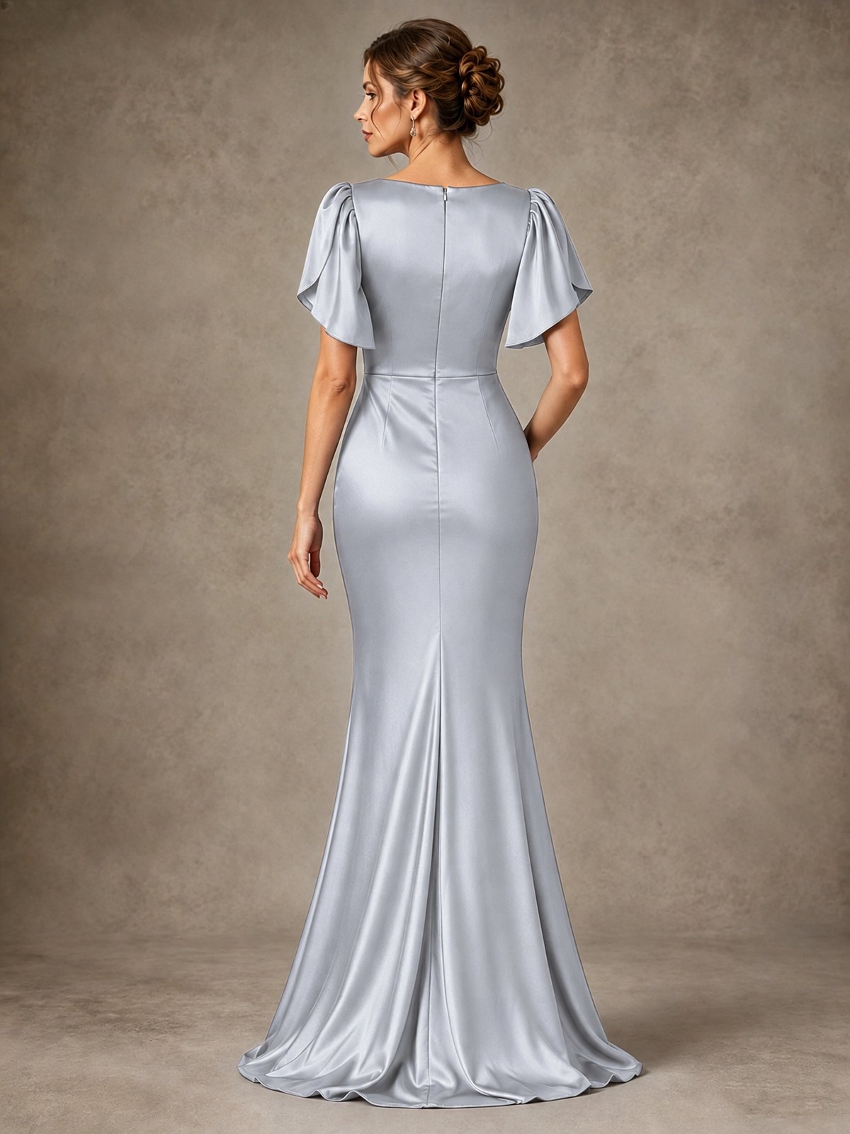 V-Neck Satin Mother of the Bride Dress with Flutter Sleeves