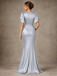 V-Neck Satin Mother of the Bride Dress with Flutter Sleeves