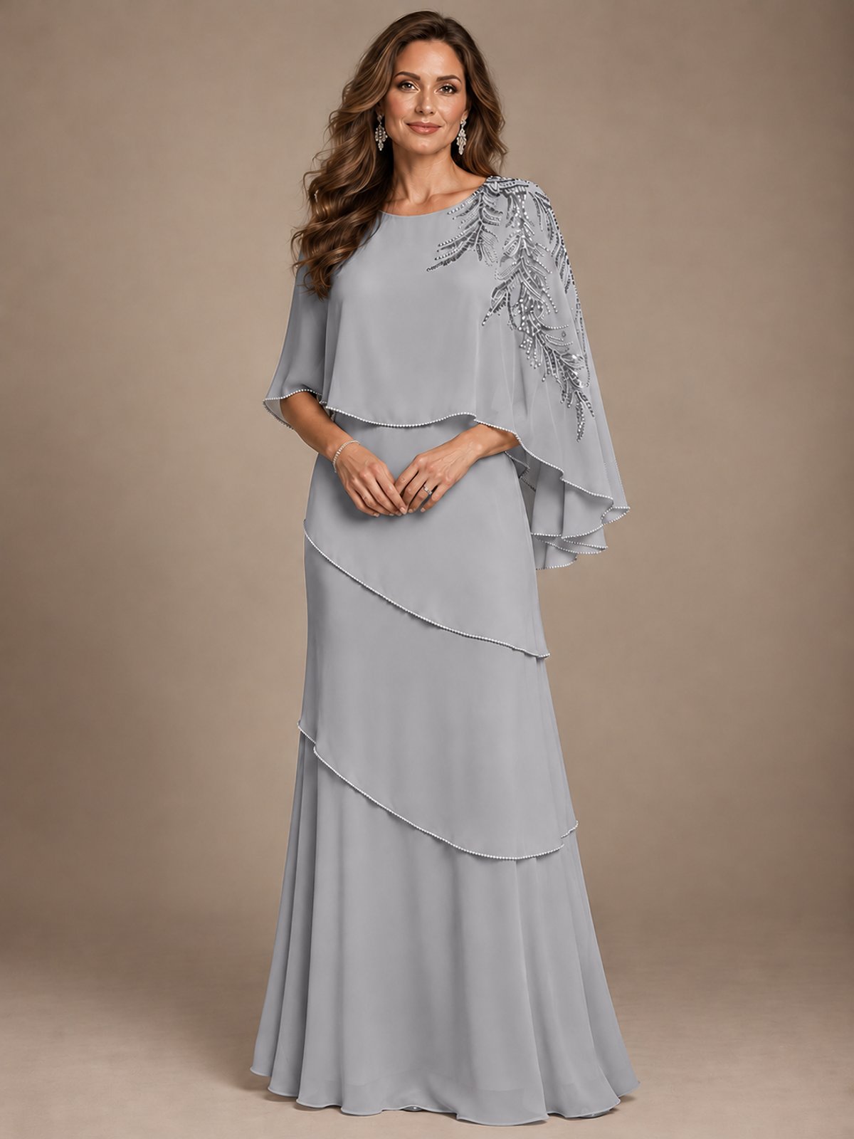 Elegant Chiffon Cape Sleeve Beaded Mother of the Bride Dress