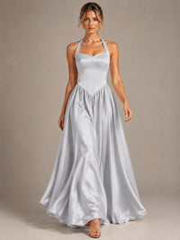 Light Yellow Halter Neck Satin A-Line Maxi Dress with Pockets