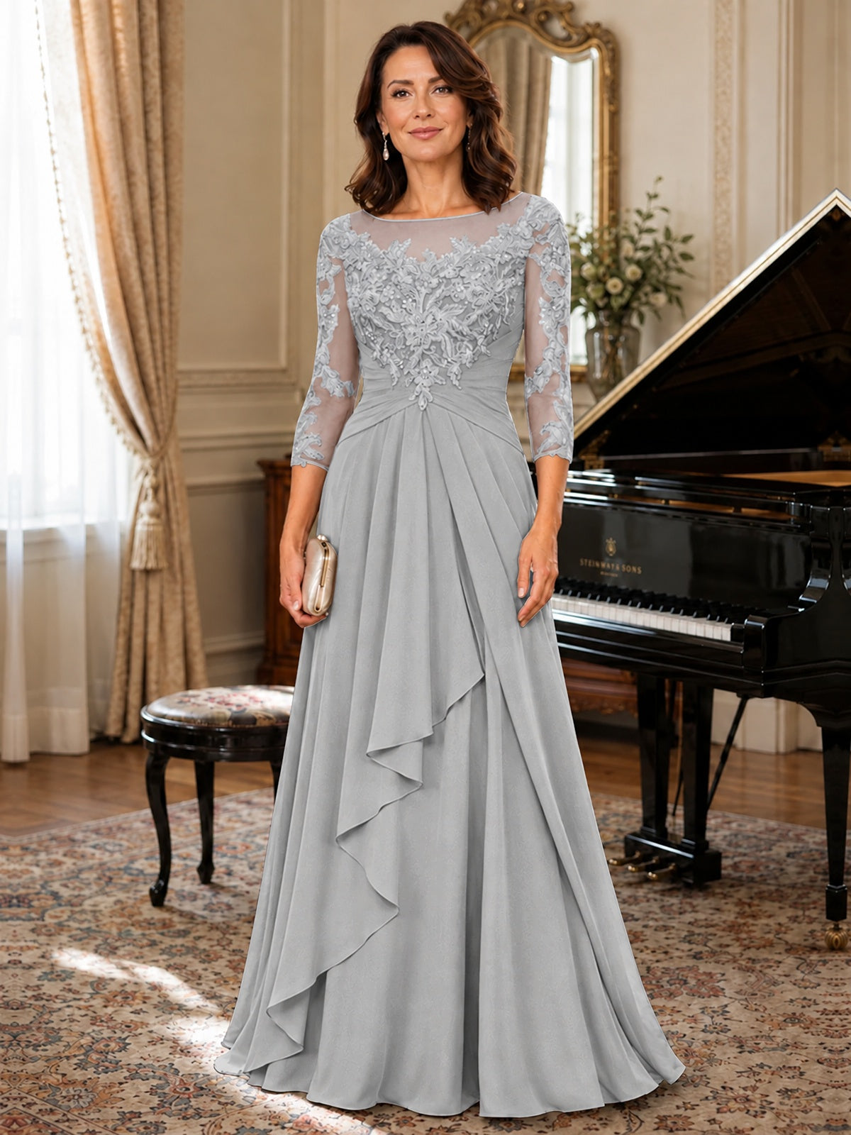 A-Line Chiffon Mother of the Bride Dress with Floral Applique 3/4 Sleeves