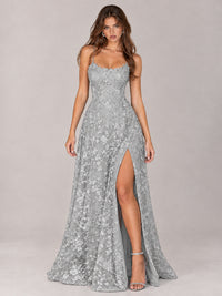 Floral Lace A-Line Prom Dress with Spaghetti Straps & High Slit