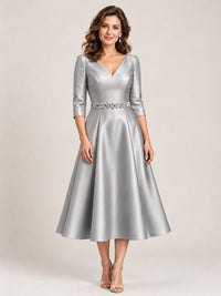 Silver V-Neck Tea-Length Mother of the Bride Dress with Embellished Waist