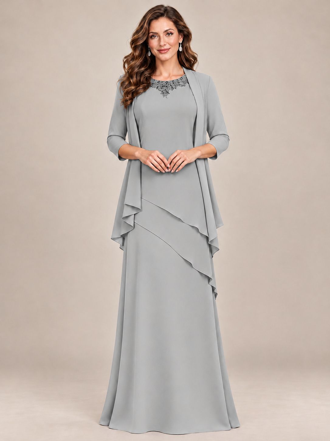 Dusty Blue Two-Piece Chiffon Mother of the Bride Dress with Jacket