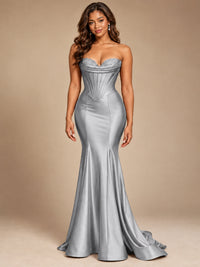 Red Strapless Satin Mermaid Prom Dress with Corset Bodice