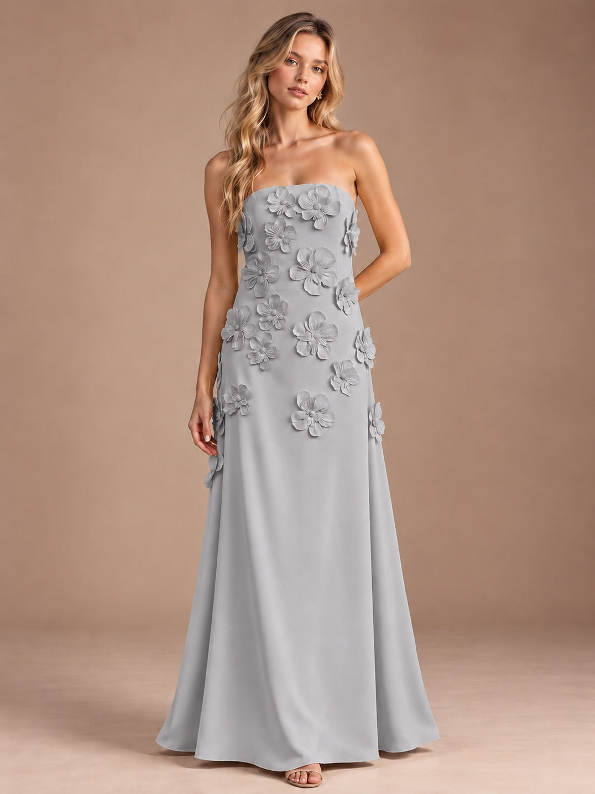 Silver-Strapless 3D Floral A-line Satin Prom Maxi Dress Formal Evening Gown