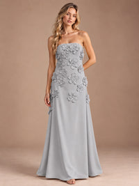 Silver-Strapless 3D Floral A-line Satin Prom Maxi Dress Formal Evening Gown