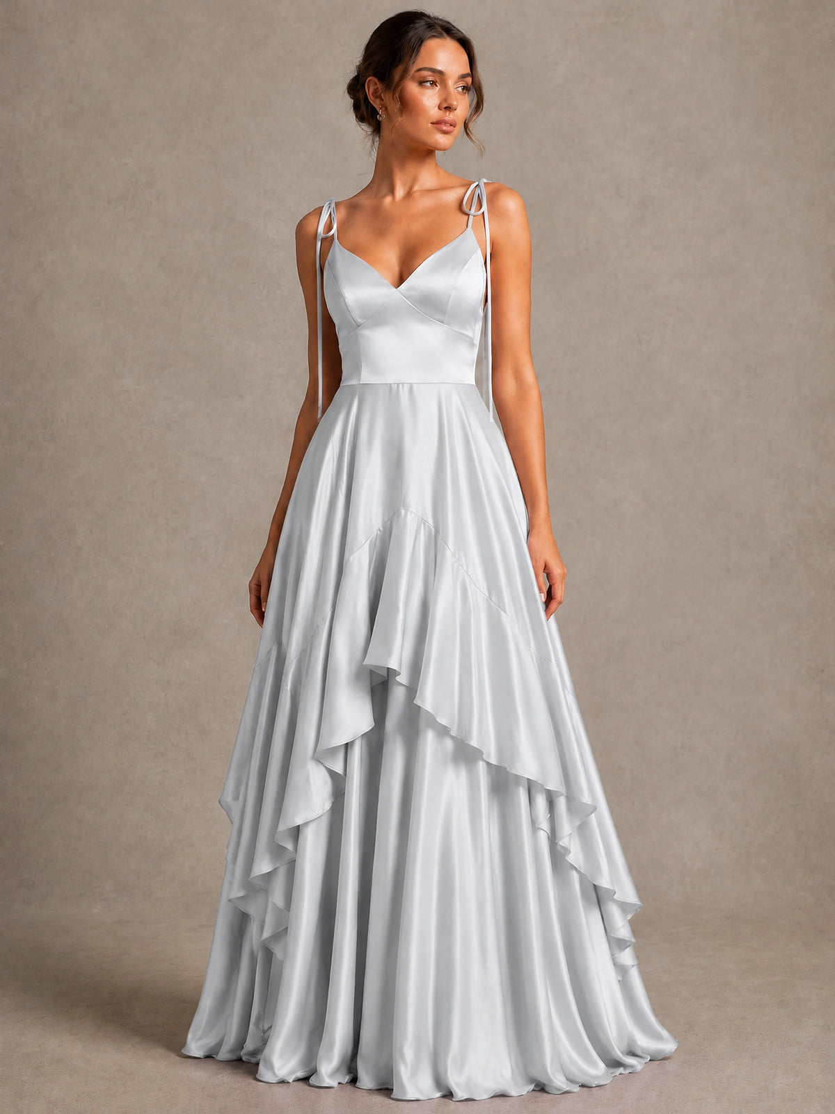 Lavender Satin V-Neck Ruffle Maxi Dress