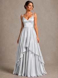 Lavender Satin V-Neck Ruffle Maxi Dress