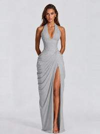 Ruched Halter Neck High-Slit Prom & Evening Dress