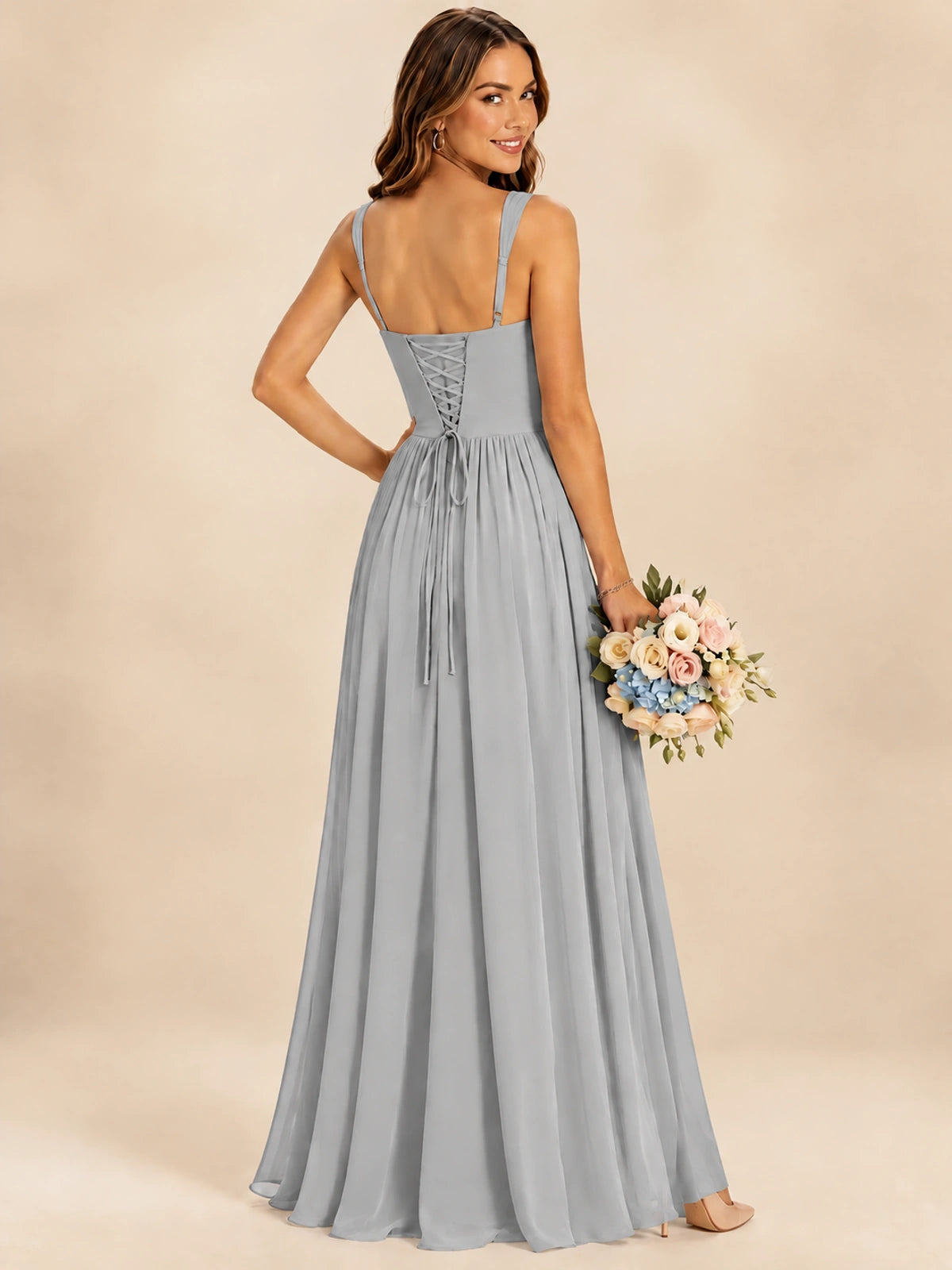 Spaghetti Straps Pleated Chiffon Bridesmaid Dress with Ruffle Slit