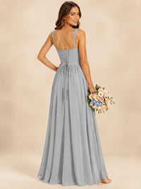 Spaghetti Straps Pleated Chiffon Bridesmaid Dress with Ruffle Slit