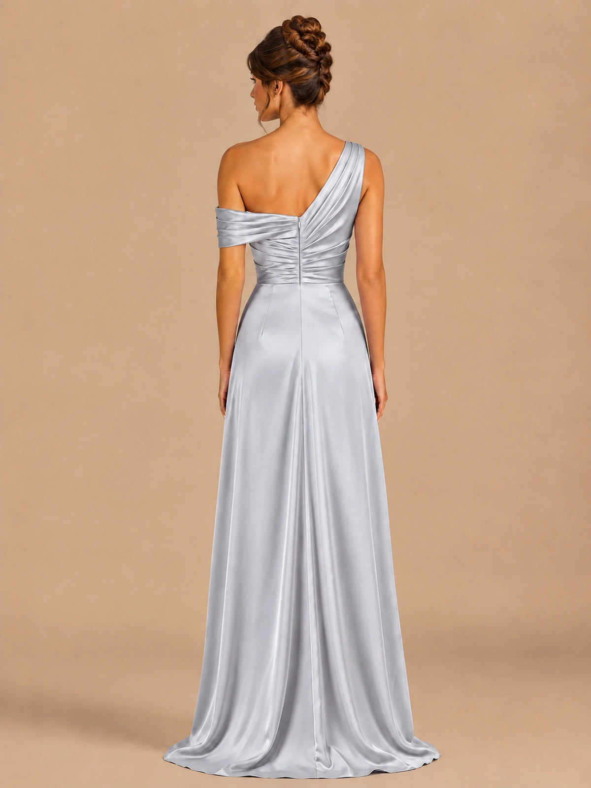 Satin One Shoulder Prom Dress Ruched Long Formal Evening Gown