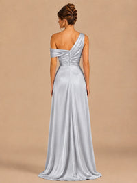 Satin One Shoulder Prom Dress Ruched Long Formal Evening Gown