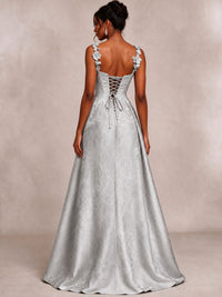 Light Blue 3D Floral Jacquard Prom Dress with Detachable Overskirt Corset Gown