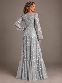 Floral Sequin Embroidered A-Line Mother of the Bride Dress with Long Sleeves