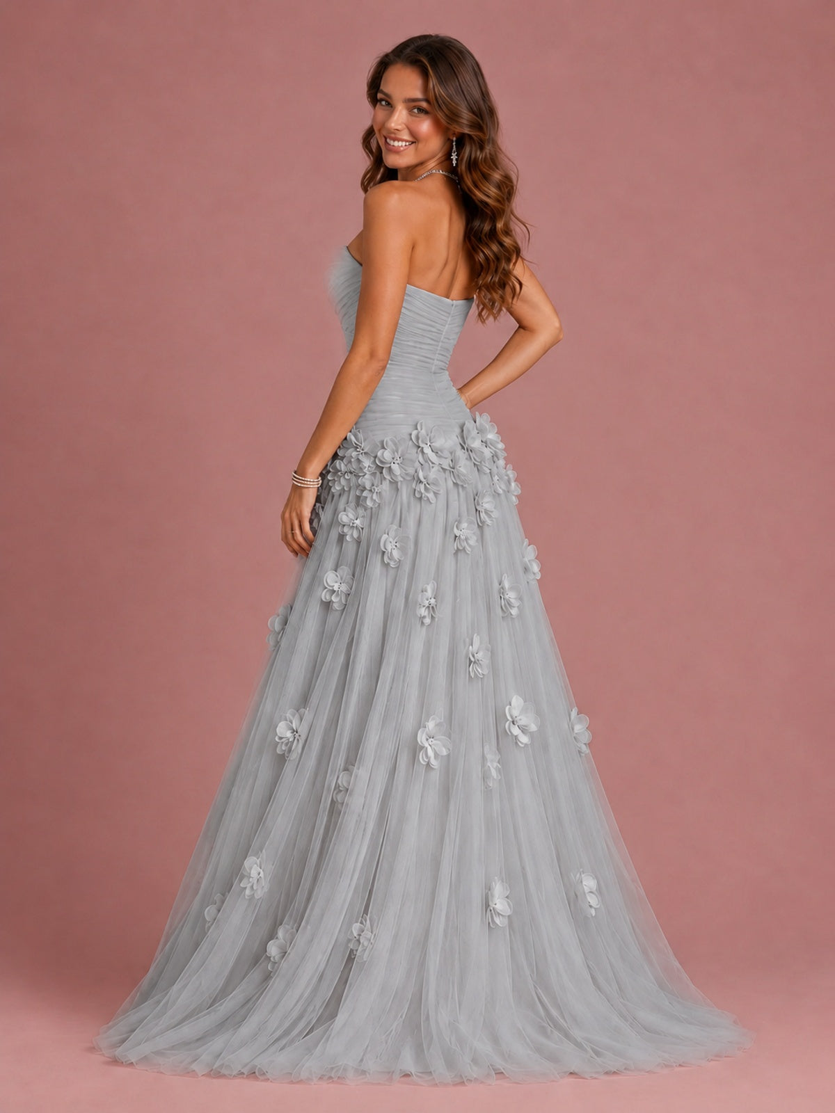 Blush Pink Strapless Sweetheart 3D Floral Tulle Ball Gown Prom Dres