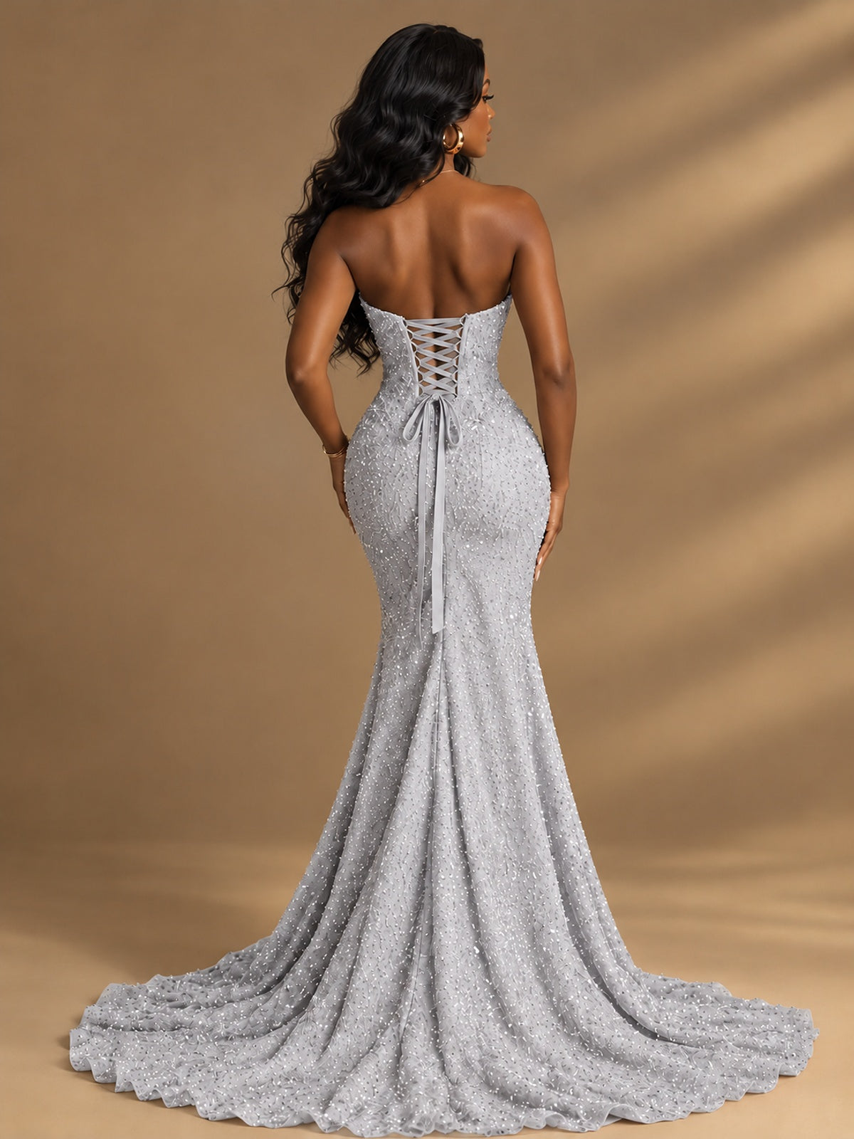 Beaded Sequin Prom Dress Strapless Formal Gowns with High Slit Train