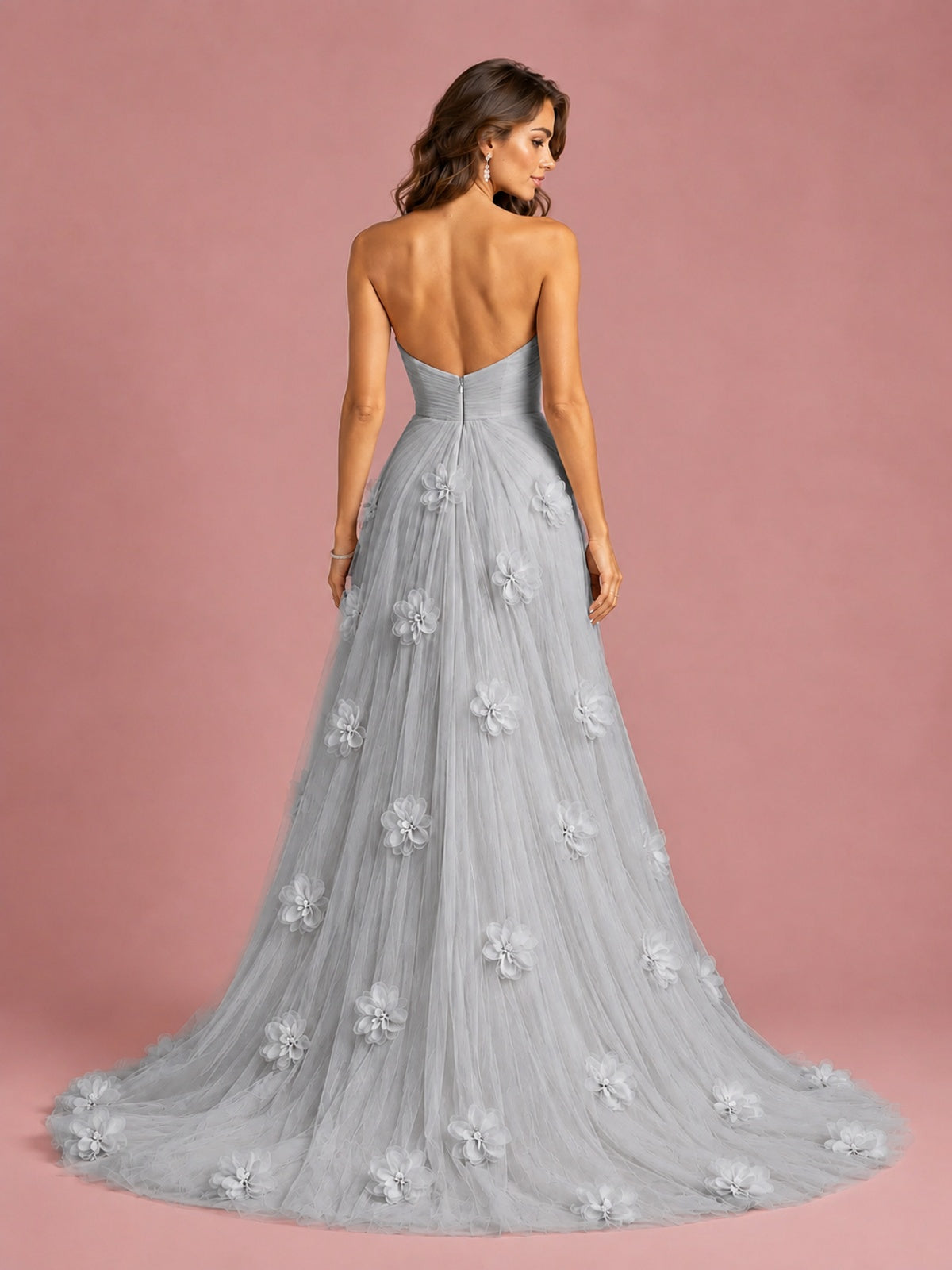 3D Floral Applique Strapless Tulle Prom Dress with High Slit