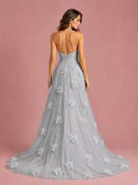 3D Floral Applique Strapless Tulle Prom Dress with High Slit