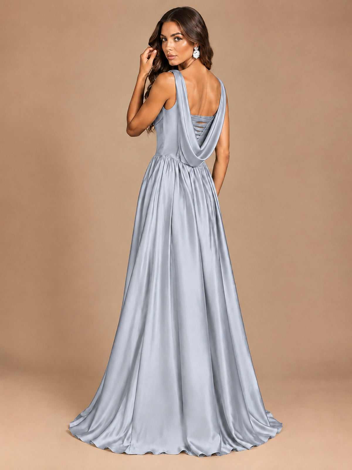 Cowl Neck Pleated Satin Prom Dress with Pockets & Slit Maxi Formal Gowns