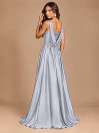 Cowl Neck Pleated Satin Prom Dress with Pockets & Slit Maxi Formal Gowns