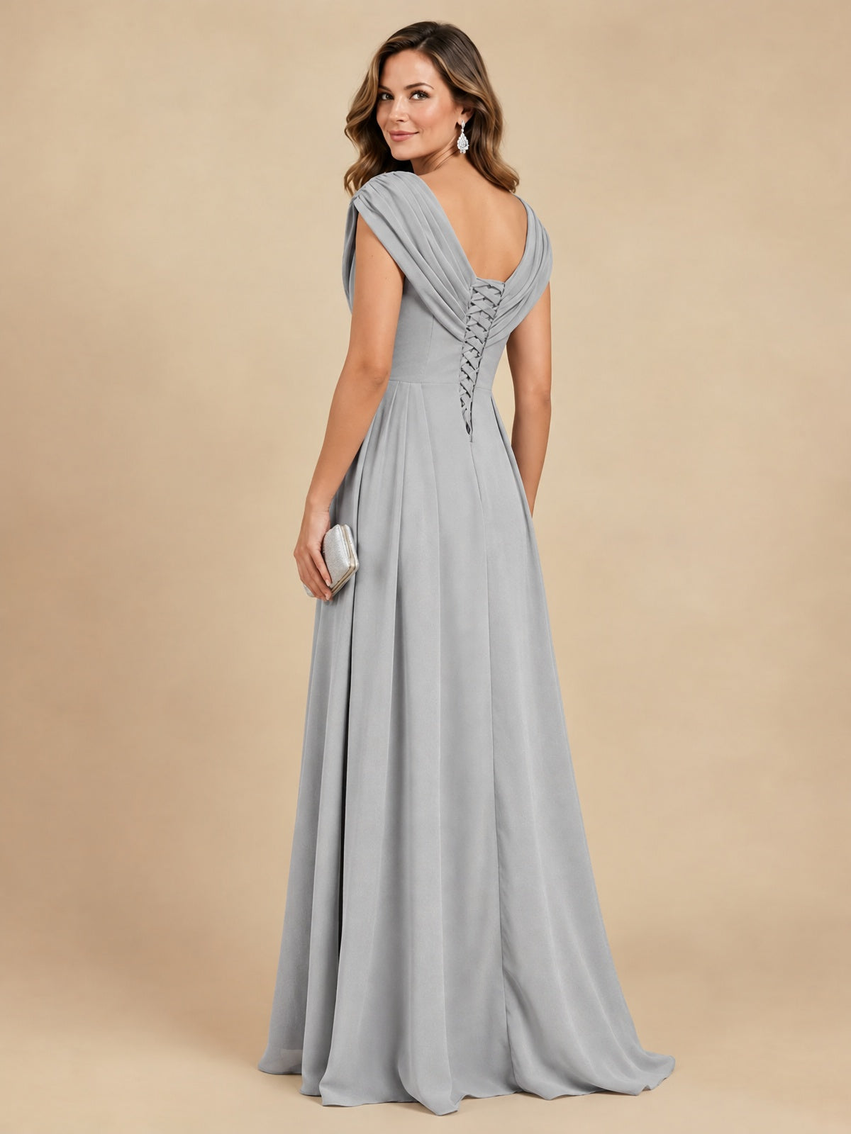 V Neck Pleated Mother of The Bride Dresses with Beading Cap Sleeves