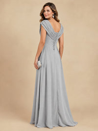 V Neck Pleated Mother of The Bride Dresses with Beading Cap Sleeves