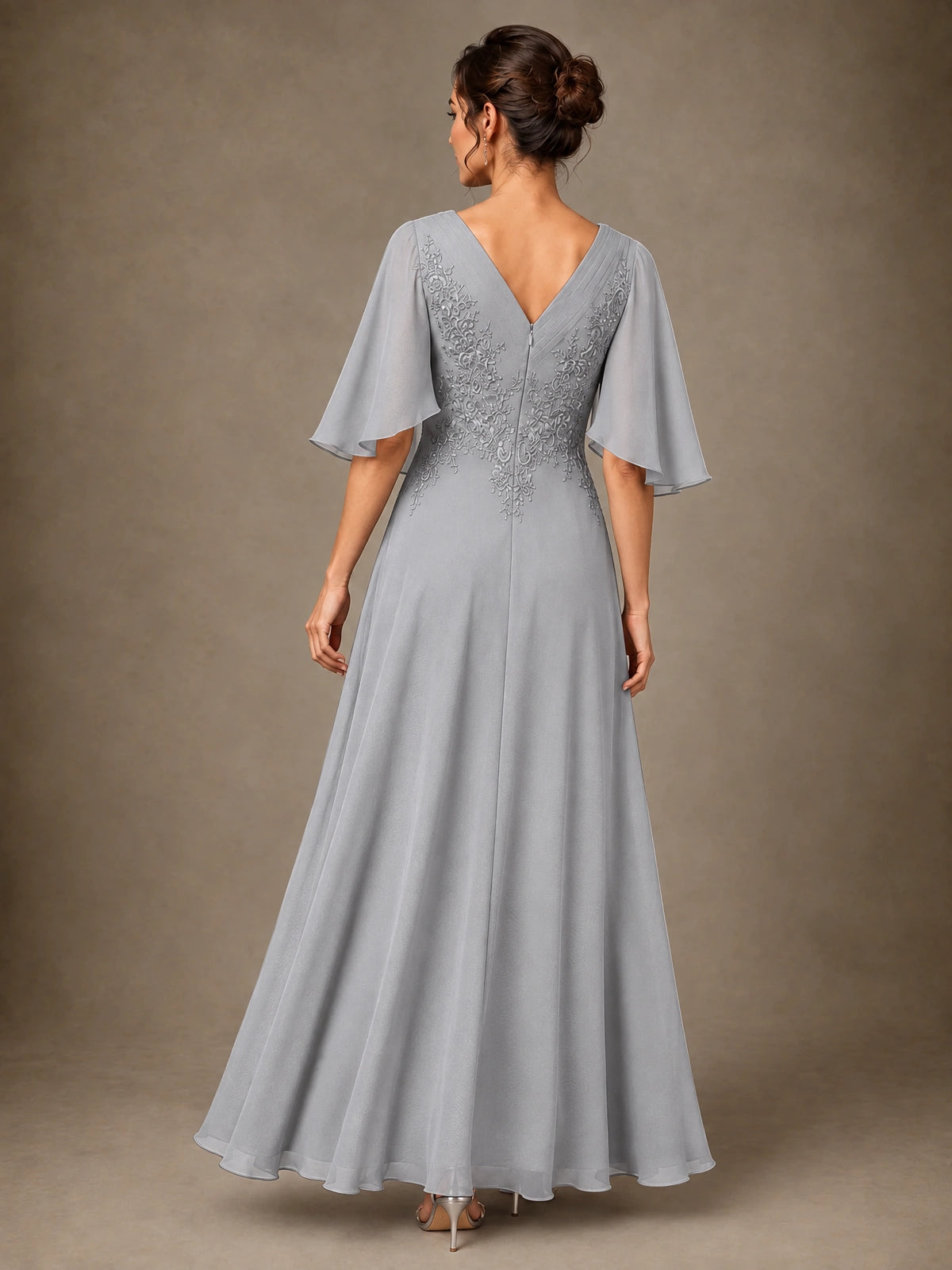 V-Neck Chiffon Lace Mother of the Bride Dress with Flutter Sleeves