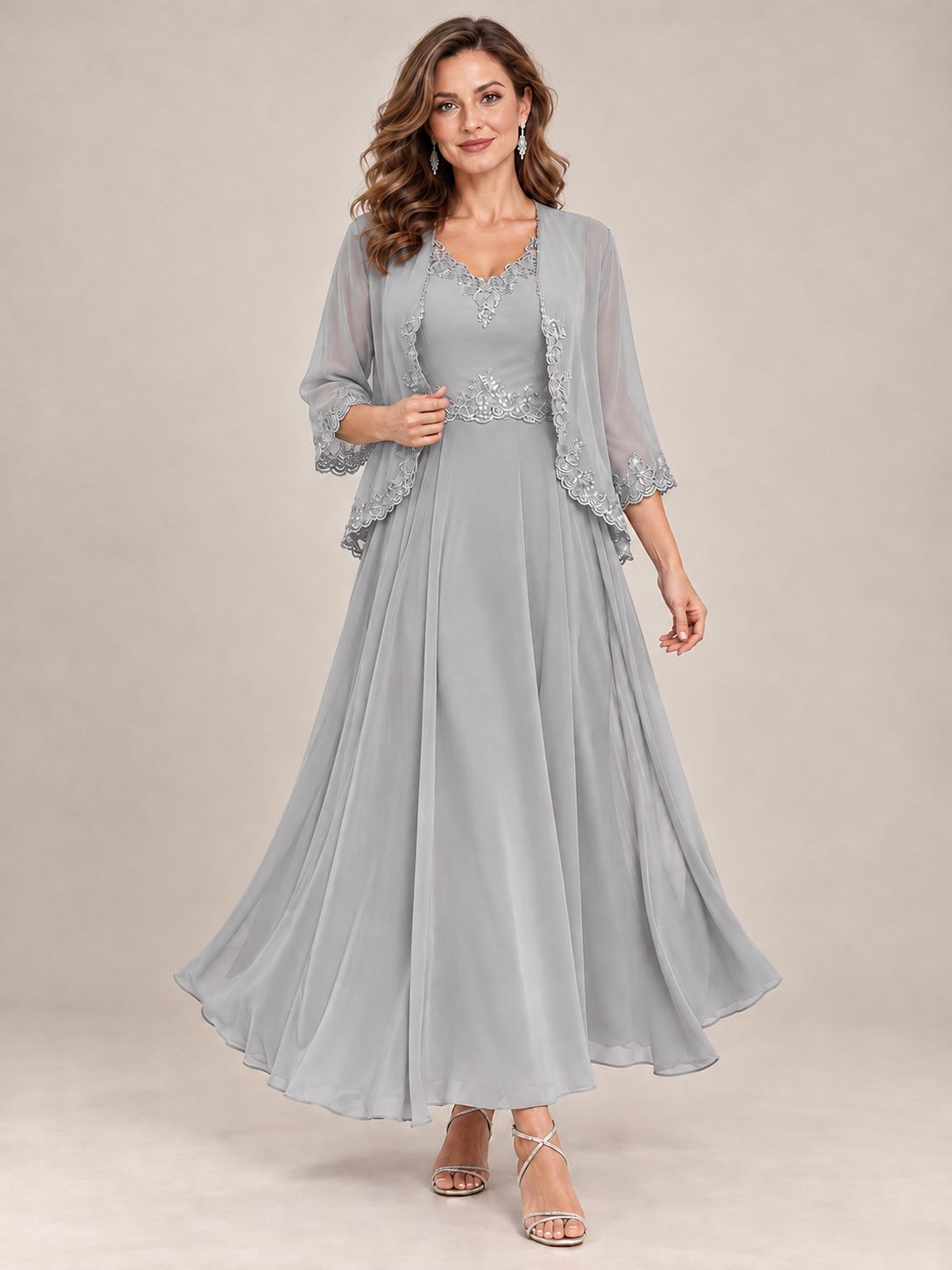 Dusty Blue Floral Lace Chiffon Mother of the Bride Dress with Jacket