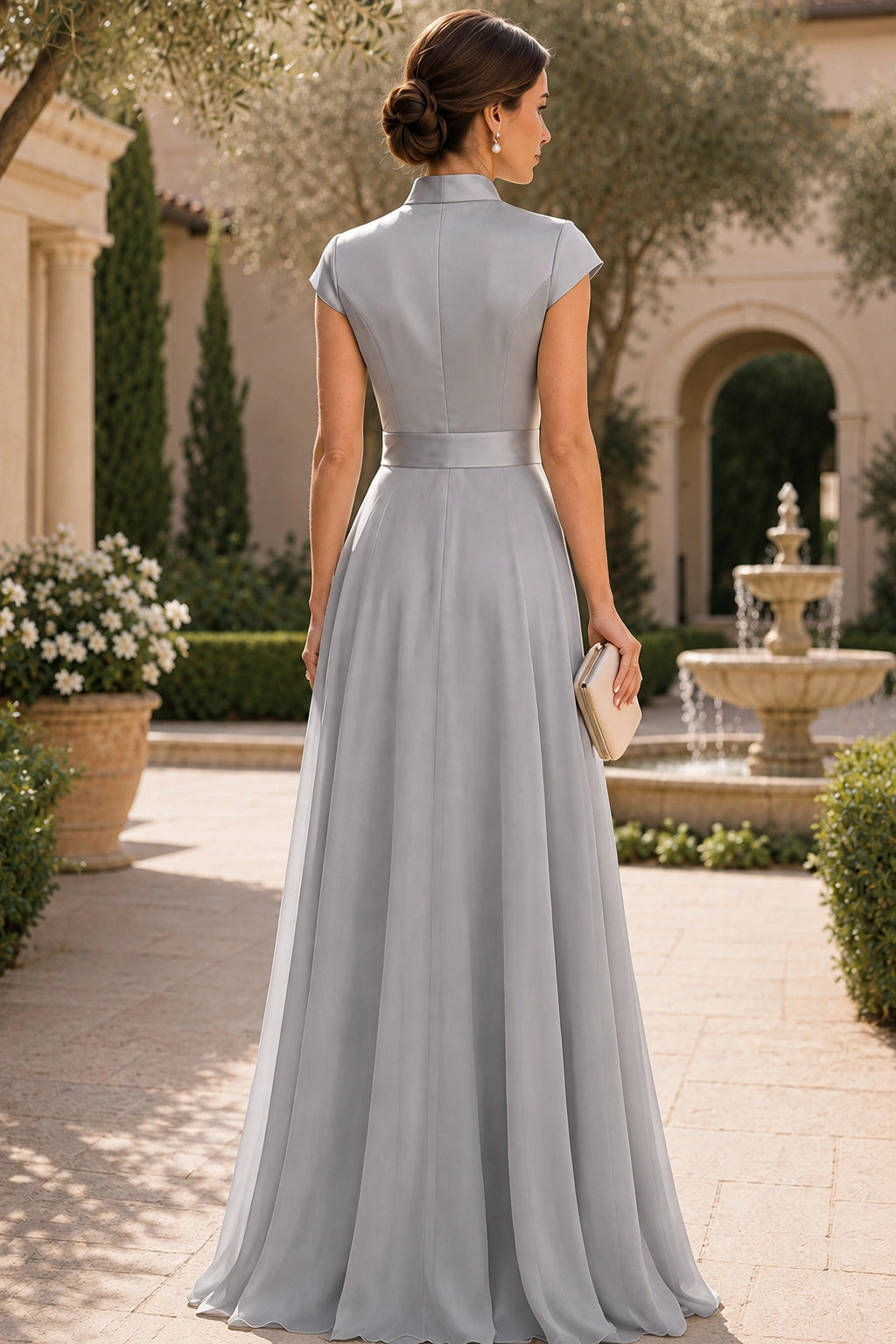V Neck Cap Sleeve A-Line Floor-Length Satin Bridesmaid Dress