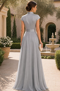 V Neck Cap Sleeve A-Line Floor-Length Satin Bridesmaid Dress
