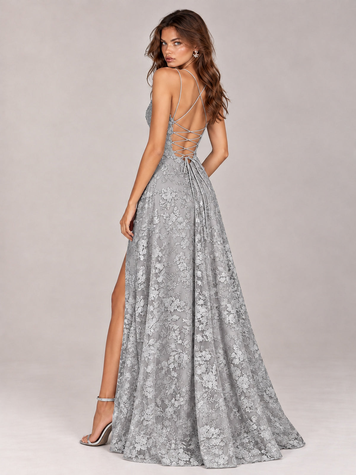 Floral Lace A-Line Prom Dress with Spaghetti Straps & High Slit