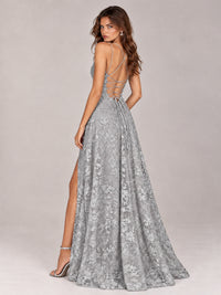 Floral Lace A-Line Prom Dress with Spaghetti Straps & High Slit