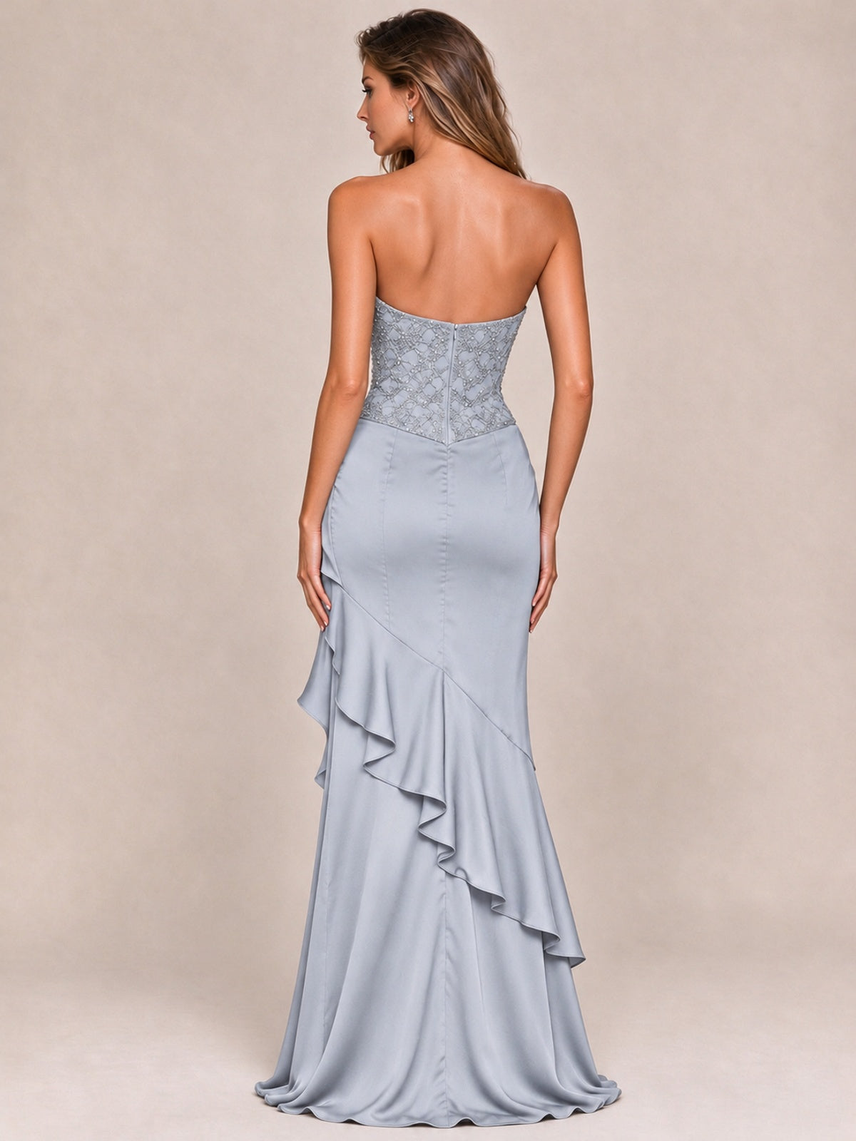 Strapless Lace Appliques Corset Satin Prom Dress Ruffle Slit Evening Gown