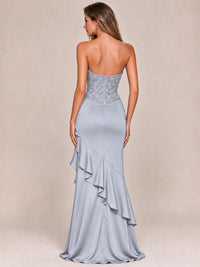 Strapless Lace Appliques Corset Satin Prom Dress Ruffle Slit Evening Gown