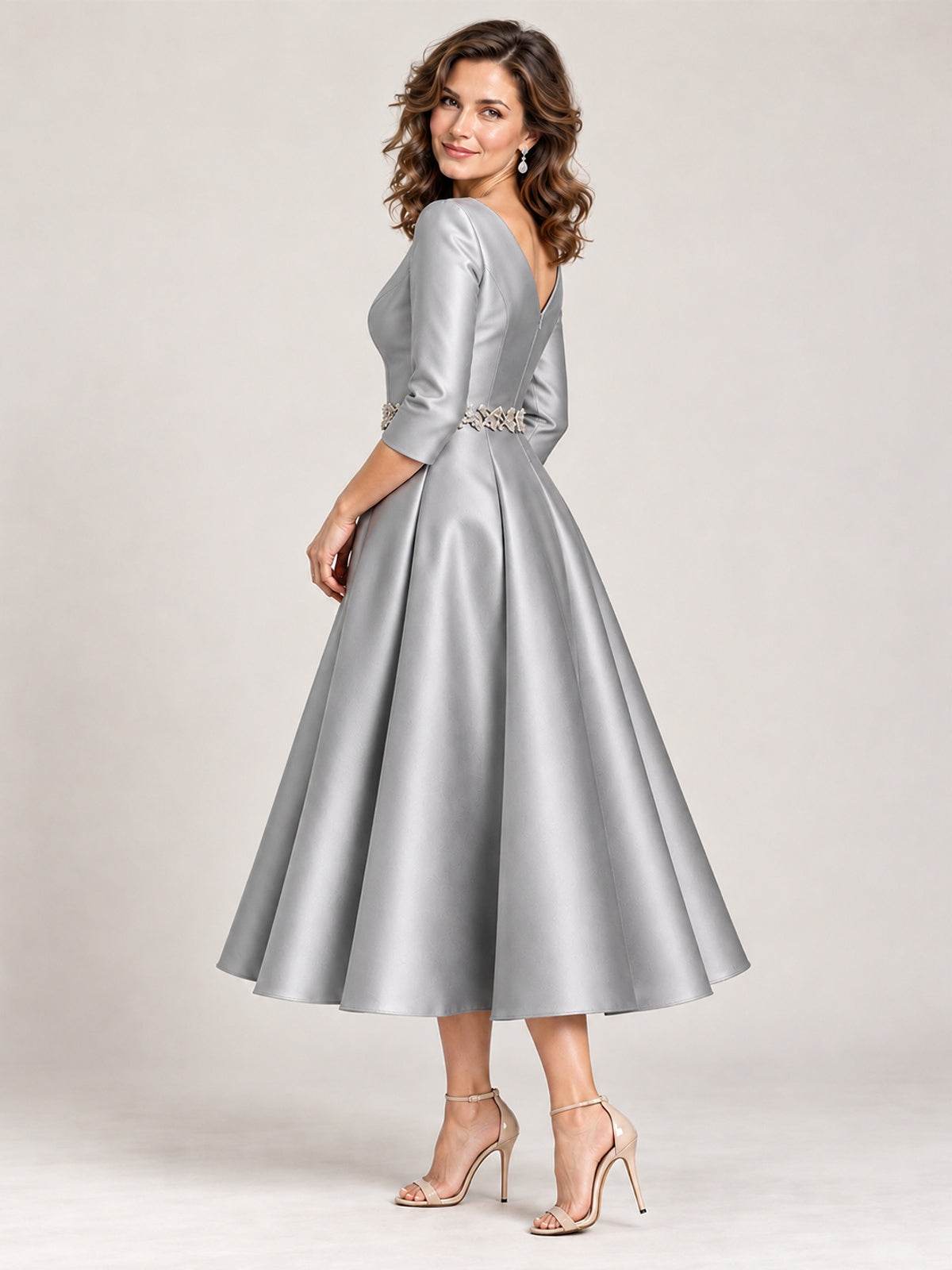 V-Neck Tea-Length Mother of the Bride Dress with Embellished Waist