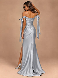 Off The Shuolder Satin Prom Dress Slit Mermaid Formal Gowns