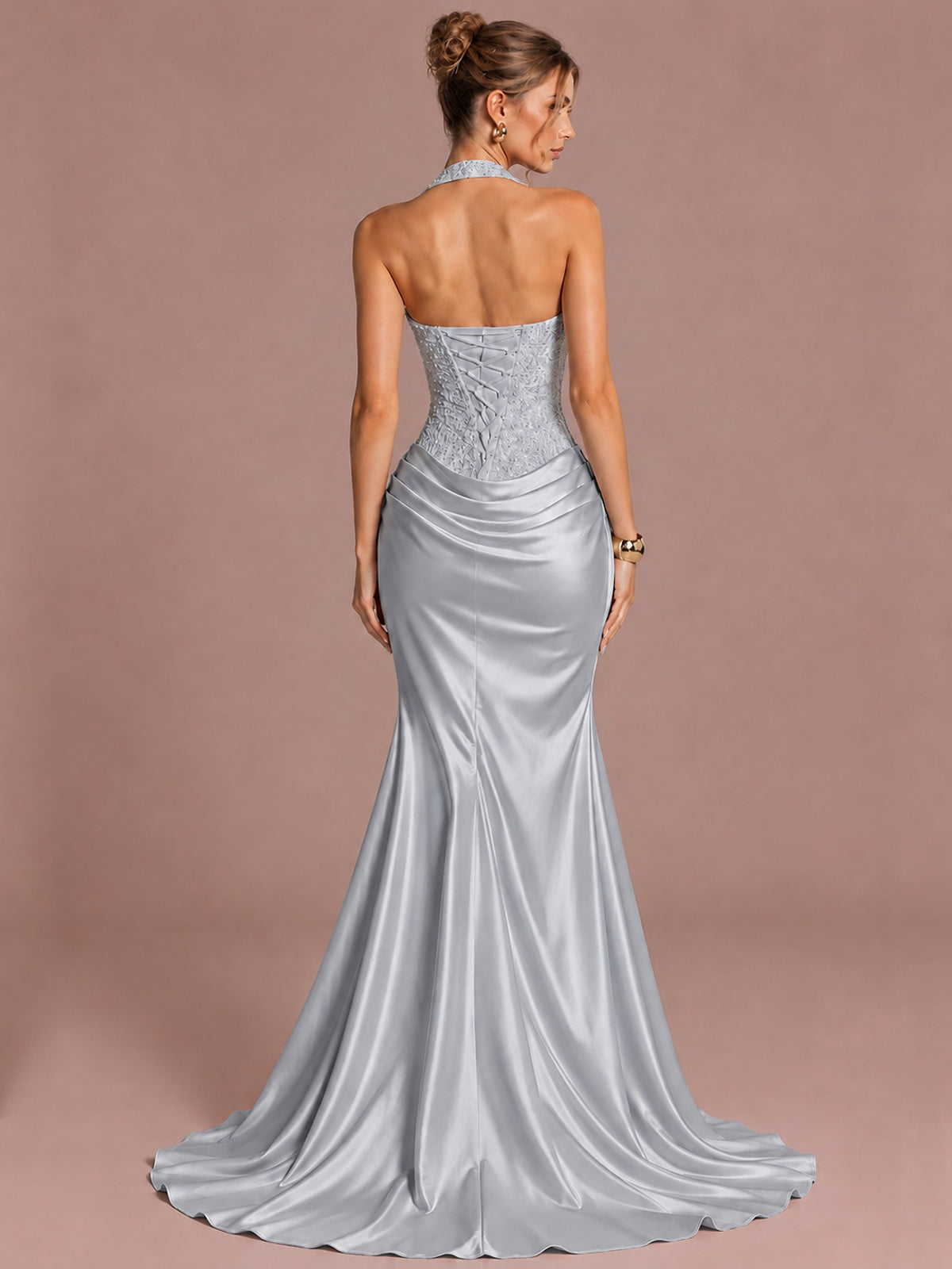 Sparkling Halter Corset Satin Mermaid Prom Dress