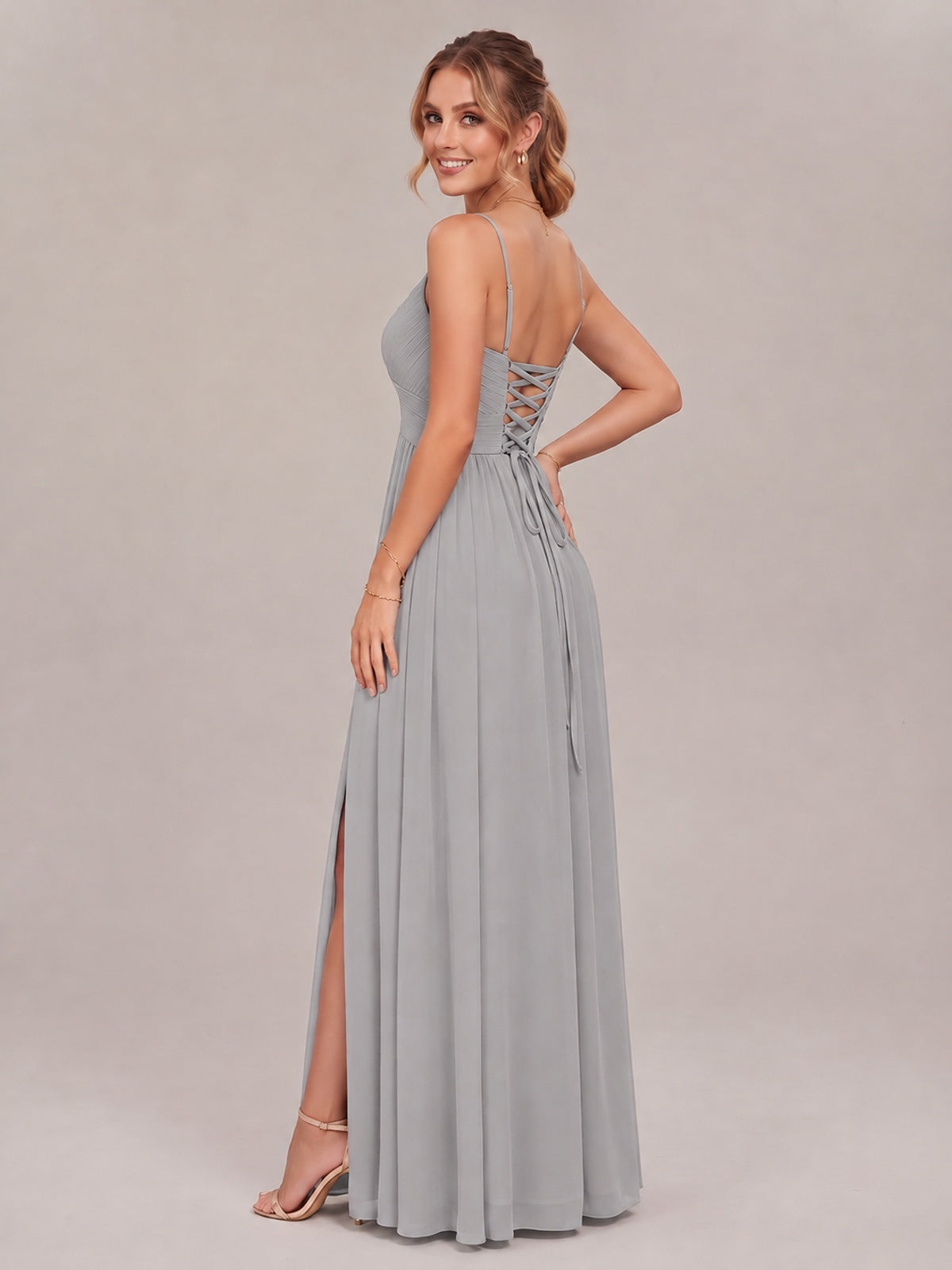 V-Neck Pleated Chiffon Long Bridesmaid Dress with Slit